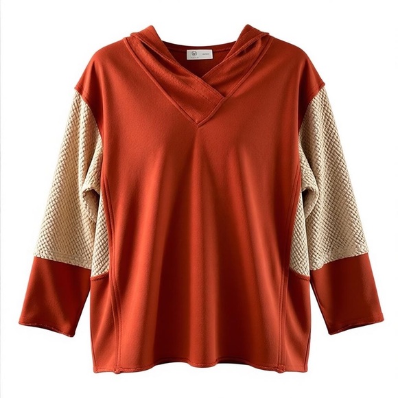 Liam & Co. Tops - Rust Orange & Cream Hoodie With Textured Sleeves By Liam & Co. XL 50% Polyester